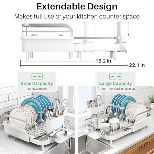 Expandable Dish Drying Rack for Kitchen Counter (White)