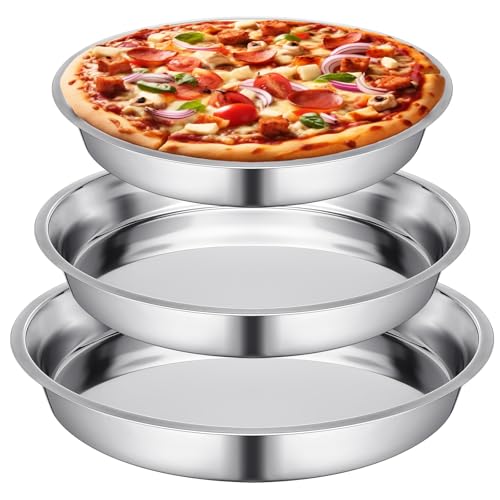 3 Pcs 16 14 10 Inch Large Deep Pizza Pans Stainless Steel Pizza Tray Round Oven Tray Rust Proof Reusable Bakeware Cooking Pan Dishwasher Safe for Baking (16 14 10 Inch)