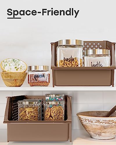 Stackable Storage Bins Open Front for Pantry Storage (4 Pack / Brown)