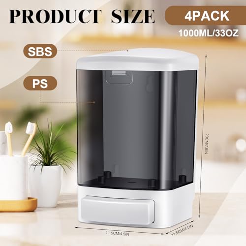 4 Pcs Wall Mounted Soap Dispenser (Black / 33.8 oz 1000 ml)