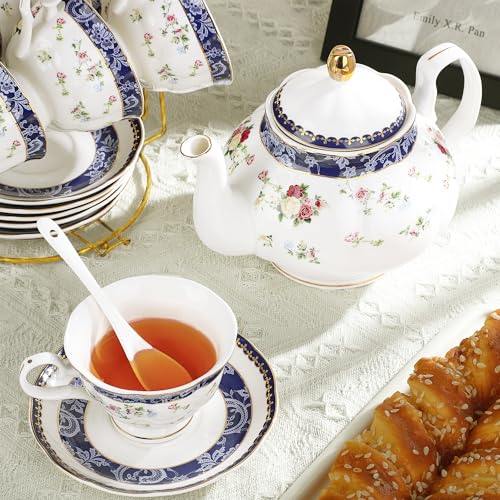 21 Piece Blue Lace and Roses Bone China Tea Sets for Adults (Blue and Roses)