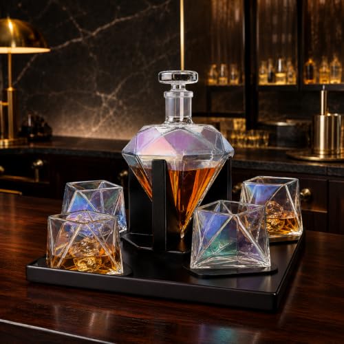 Diamond Whiskey Decanter With 4 Iridescent Glasses 750ML Mahogany Wood Tray (Iridescent Diamond Decanter + 4 Glasses)