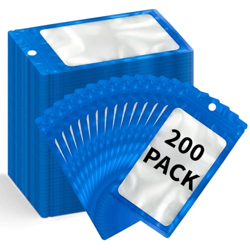 200 Pack Resealable Mylar Holographic Bags Food Storage Smell Proof Bags with Front Window Foil Packaging Pouch for Candy Sample Jewelry Small Business 3.15×5.51 Inch (3.1×5.5 inch / Blue)