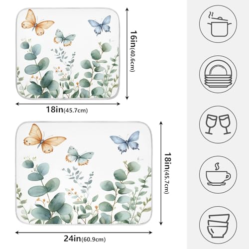 Spring Eucalyptus Green Leaf Dish Drying Mat for Kitchen Counter Absorbent Microfiber Large Drying Pad Dish mats for Kitchen Countertops 18 x 24 Inch (Green Leaf / 24" x 18")