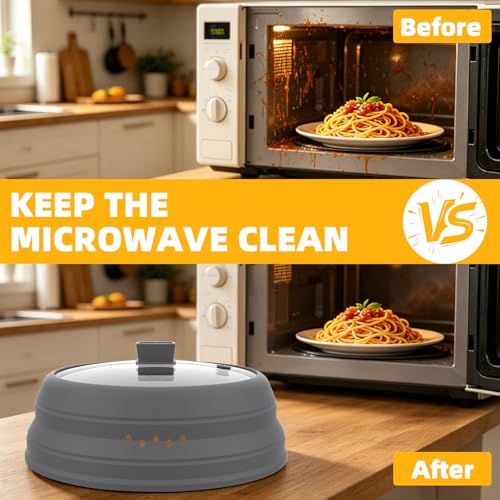 Microwave Splatter Cover Glass Cover Guard Lid with Collapsible Silicone for Food Pot Plate Cover 11.8 inch Light Grey (LIGHT GREY / 11.8 inch)