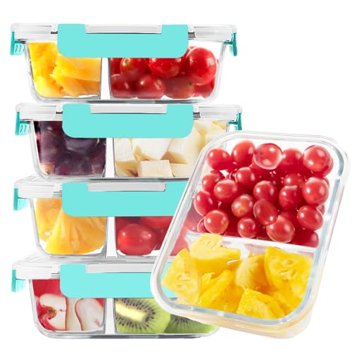 5 Pack 35 Oz Glass Meal Prep Containers 2 Compartments (Green / 35oz 2-compartment)
