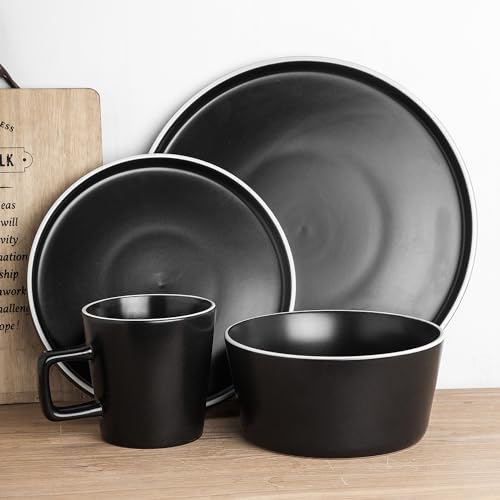 Allison Stoneware Dish Set (Dinnerware Set / Service For 8 / Black Matte, White Rim)