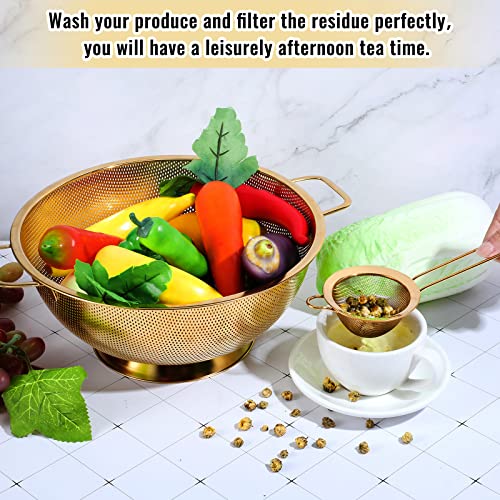 5 Quart Gold Colander and 3 Metal Fine Mesh Strainer Set (5 Quart / Gold)