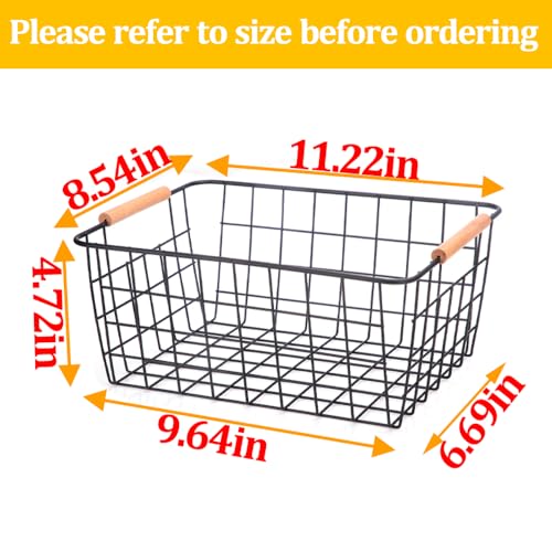 Wire Baskets with Wooden Handles Wire Storage Organizer Bin Baskets (New-Black2 / Medium)
