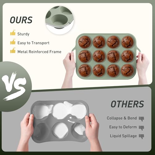 2 Packs 12 Cups Silicone Muffin Pan with Metal Reinforced Frame Regular Size Cupcake Pan Tray Egg Bites Silicone Circle Cookie Molds Muffin Tin Tart Pans Baking Sheet Set for Breakfast Sandwiches (Regular / Morandi Green)