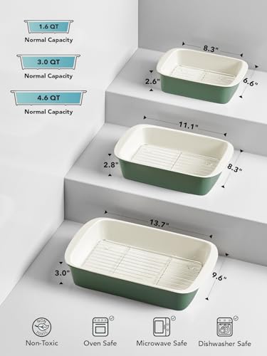 Ceramic Casserole Dishes for Oven with 304 Racks (Forest Green / 13.7"+11"+8.3")
