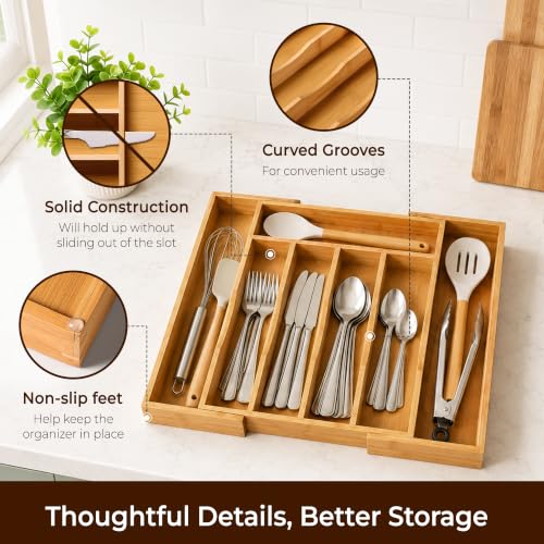 2 Piece Bamboo Silverware Organizer (7 Slots Expandable-2Pack / Natural)