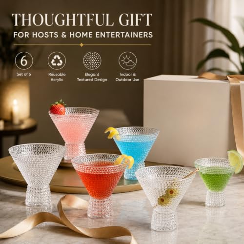 Plastic Hobnail Martini & Cocktail Drinking Glasses Set of 6 Clear Cups 14oz (Clear)