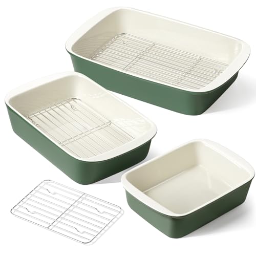Ceramic Casserole Dishes for Oven with 304 Racks (Forest Green / 13.7"+11"+8.3")