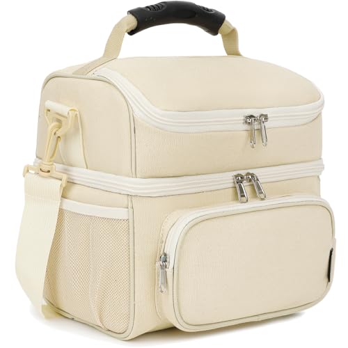 Double Layer Cooler Insulated Lunch Bag Adult Lunch Box Large Tote Bag for Men (Biege)