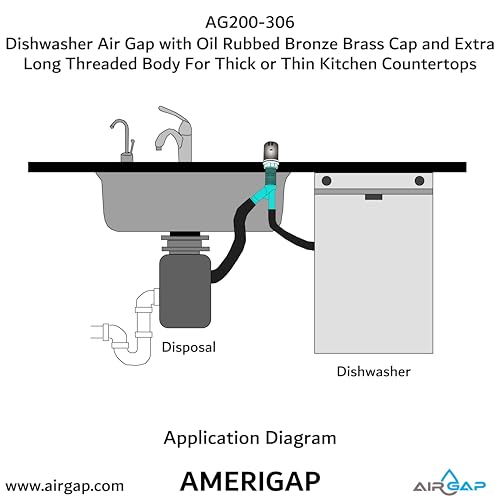 Dishwasher Air Gap with Skirted Oil Rubbed Bronze Brass Cap and Extra Long Threaded Body for Thick or Thin Kitchen Countertops (AG200-306)