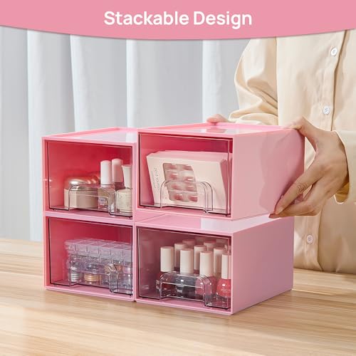 4 Pack Small Clear Stackable Storage Drawers (Small-4pack-Pink)