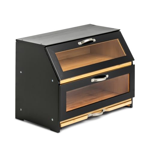 Large 2 Tier Black Bread Box for Countertop with Cutting Board (Black Bamboo)