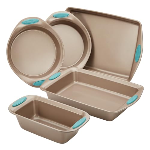 Cucina Bakeware Set Includes Nonstick Bread Baking Cookie Sheet and Cake Pans (5 Piece / Latte Brown with Agave Blue Grips)