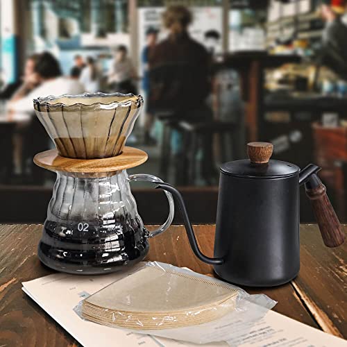 Pour Over Coffee Maker Set with Black Gooseneck Kettle Wooden Storage Tray Coffee Dripper Glass Server Coffee Scoop DIY Manual Coffee Maker Set (coffee maker set)