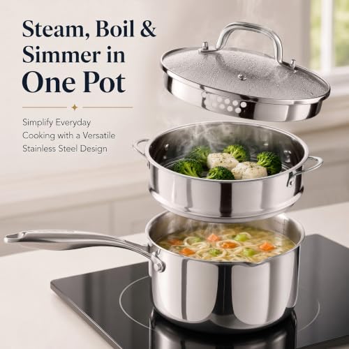 Tri Ply Stainless Steel Pot with Steamer (2.5 Quarts)