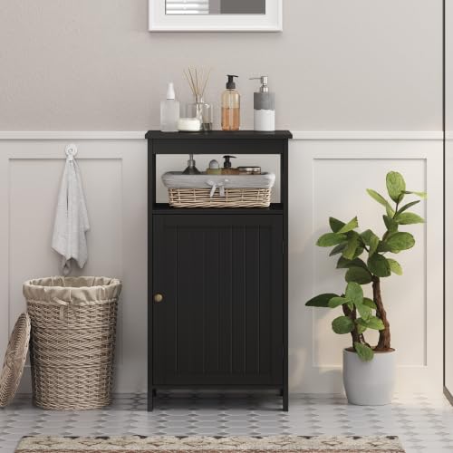 Small Bathroom Storage Cabinet with Door & Open Shelf (Black)