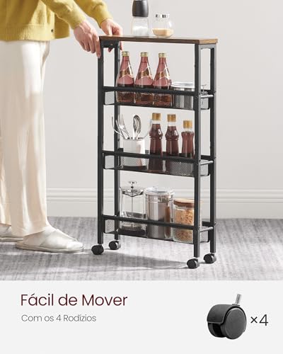 4 Tier Slim Rolling Storage cart with Wheels (Rustic Brown + Classic Black / 4 Tiers (5.1"D x 30.3"H))