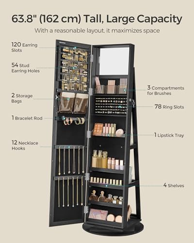 360° Swivel Jewelry Cabinet (Black / Framed Mirror, Classic)