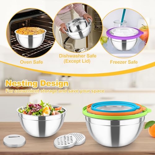 Mixing Bowls Stainless Steel Salad Serving Bowl with Clear Lids (Multicolor)