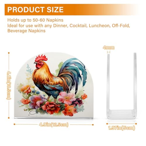 Rooster and Flower Napkin Holder for Table Paper Napkins Holder Acrylic Tissue Dispenser Kitchen Dining Room Bathroom Party Car Decor (NH051 / 4.1x4.9x1.97in)