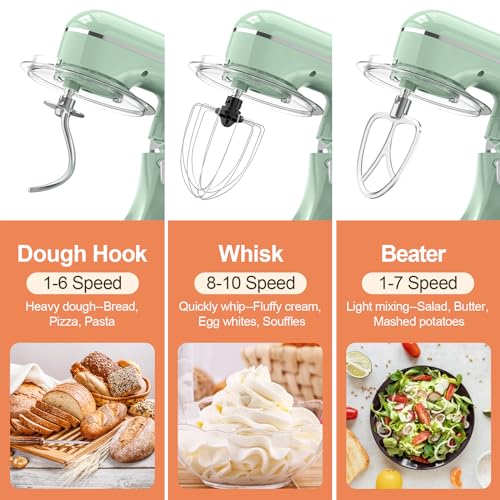 3-IN-1 Electric Stand Mixer, 6.5QT Bowl 660W 10-Speed Kitchen Mixer, Household Food Mixers include Dough Hook, Beater and Whisk, Bread Cake Mixer for Baking and Most Home Cooks, Agave Green (Agave Green)