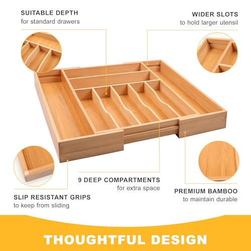 Large Premium Bamboo Silverware Organizer (9 Slots Expandable / Natural)