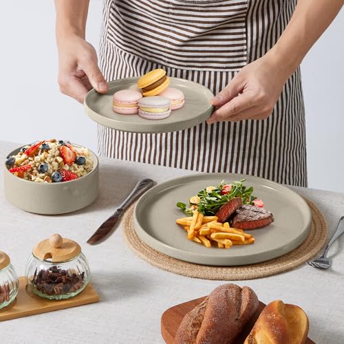 16 Piece Stoneware Dinnerware Sets with Pasta Bowls (Deep Khaki / Bowls Type-16pcs for 4)