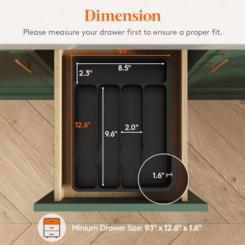 Silverware Drawer Organizer Tray (Black / 9.1 x 12.6 inch (5 Slots))