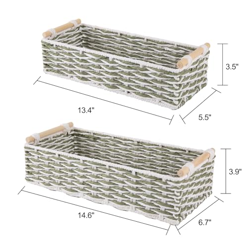 Toilet Paper Baskets Handmade Paper Rope Decorative Wicker Storage Tank Shelf Cabinet Organizer for Bathroom Home (Green & White)