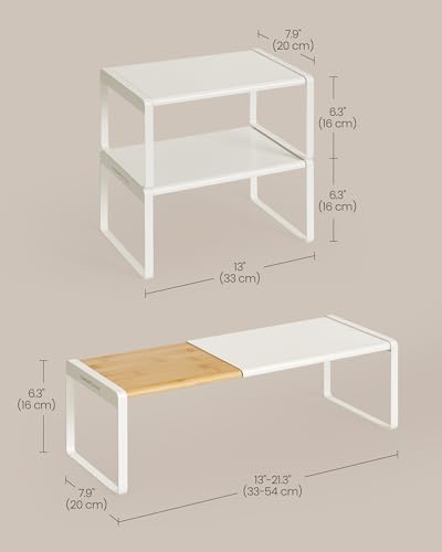 Spice Rack Expandable Cupboard Shelf Orgnizer (Light Bamboo + Cream White / 2 Pack)