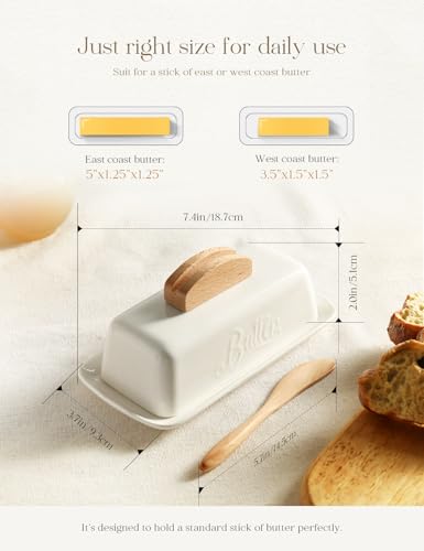 Butter Dish with Lid and Knife Ceramic Butter Holder for Counter Humanized Clamp (White)