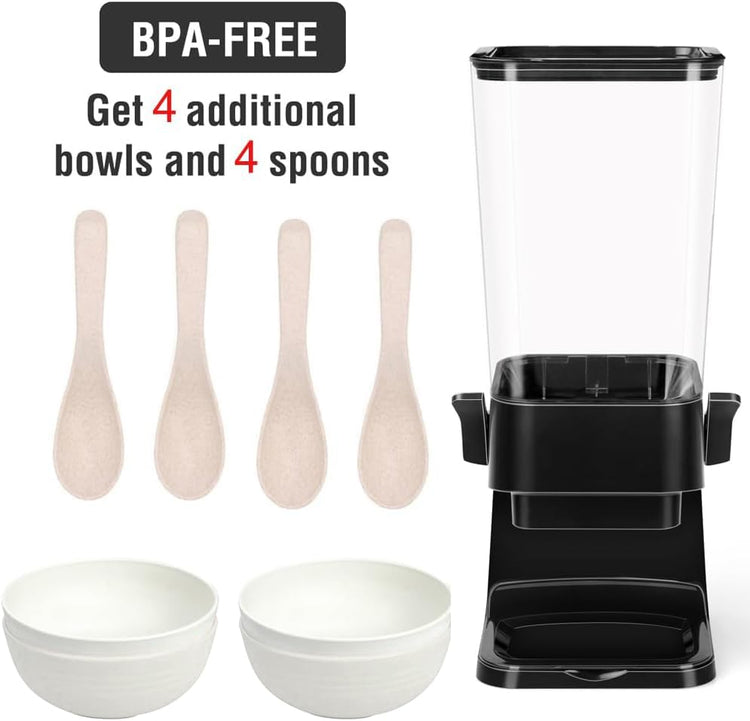 Cereal Dispenser Countertop with 4 Pack Bowls and Spoons 5.5 Qt (5.5Qt & Black & 2pack)