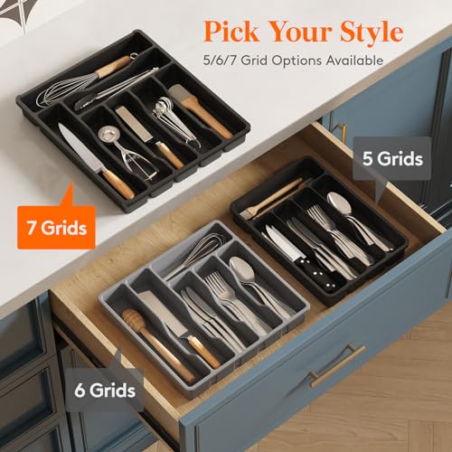 Silverware Drawer Organizer Tray (Black / 12.3 x 14.2 inch (7 Slots))