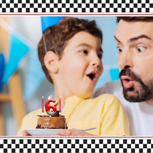 13PCS Racing Car Theme Birthday Candle Set with Checkered Flag Design (Black+White+Red / 6)