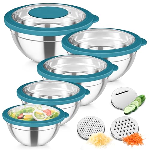 Mixing Bowls Stainless Steel Salad Serving Bowl with Clear Lids (Dark Blue)