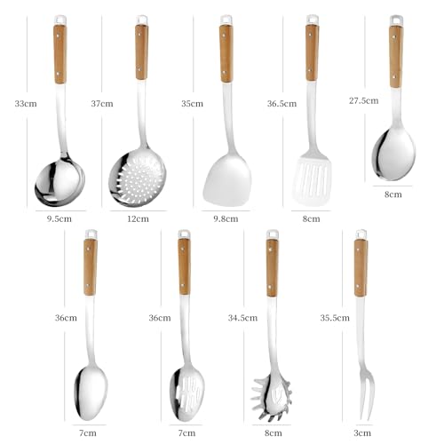 9pcs Cooking Utensils Set 304 Stainless Steel Kitchen Utensils with Wooden Hanlde Metal Kitchen Utensils Soup Ladle Set Dishwasher Safe Kitchen Essentials Set Kitchen Tool Set (Brown-9cs)