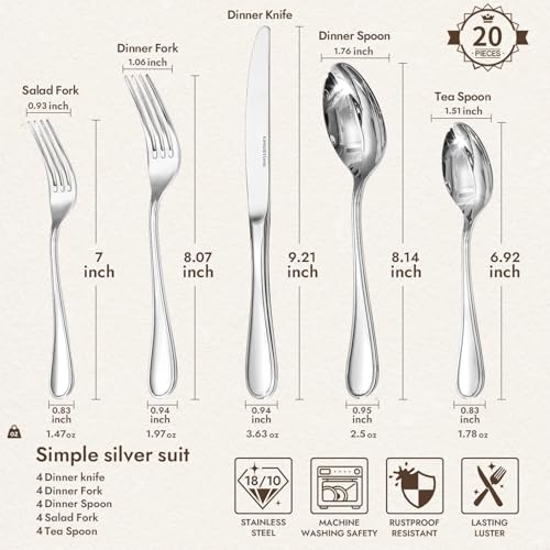 18 10 Stainless Steel Silverware Set for 4 (Silver / 20-Piece)