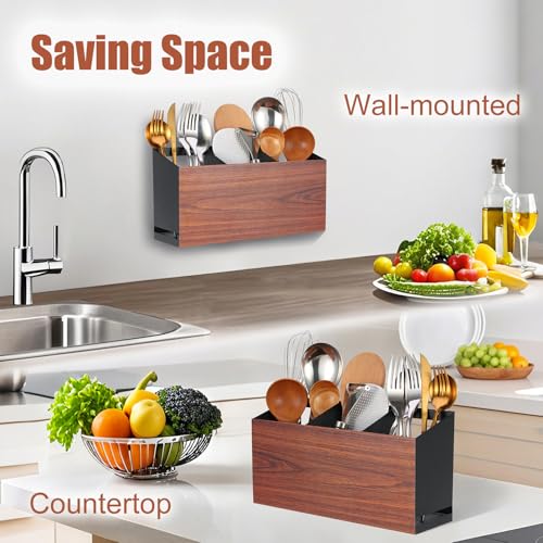 Utensil Holder Large Iron Flatware Container with 3 Compartments Countertop Wall (Black)