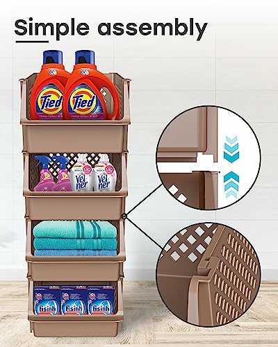 Stackable Storage Bins Open Front for Pantry Storage (4 Pack / Brown)