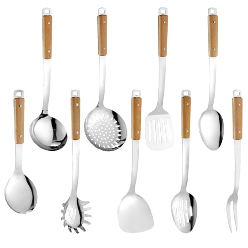 9pcs Cooking Utensils Set 304 Stainless Steel Kitchen Utensils with Wooden Hanlde Metal Kitchen Utensils Soup Ladle Set Dishwasher Safe Kitchen Essentials Set Kitchen Tool Set (Brown-9cs)