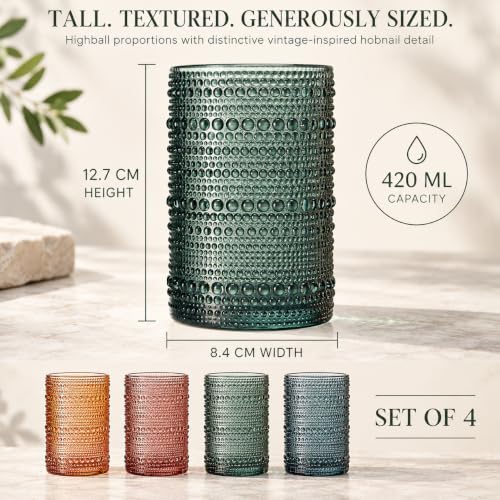 Hobnail Beaded Highball Drinking Tumbler Glasses (Muted Pastel Highball)