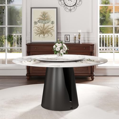 59" Modern Artificial Marble Round Dining Table with Black Carbon Steel Base & 31.5" White Sintered Stone Turntable (1 Pc 59" Table / Carbon Black)