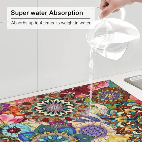 Boho Floral Dish Drying Mat for Kitchen Counter Washable Absorbent Reversible Microfiber Colorful Flowers Drying Pad Kitchen Accessories 16x18 Inch (Boho Floral / 16" x 18")
