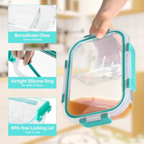 5 Pack 35 Oz Glass Meal Prep Containers 2 Compartments (Green / 35oz 2-compartment)